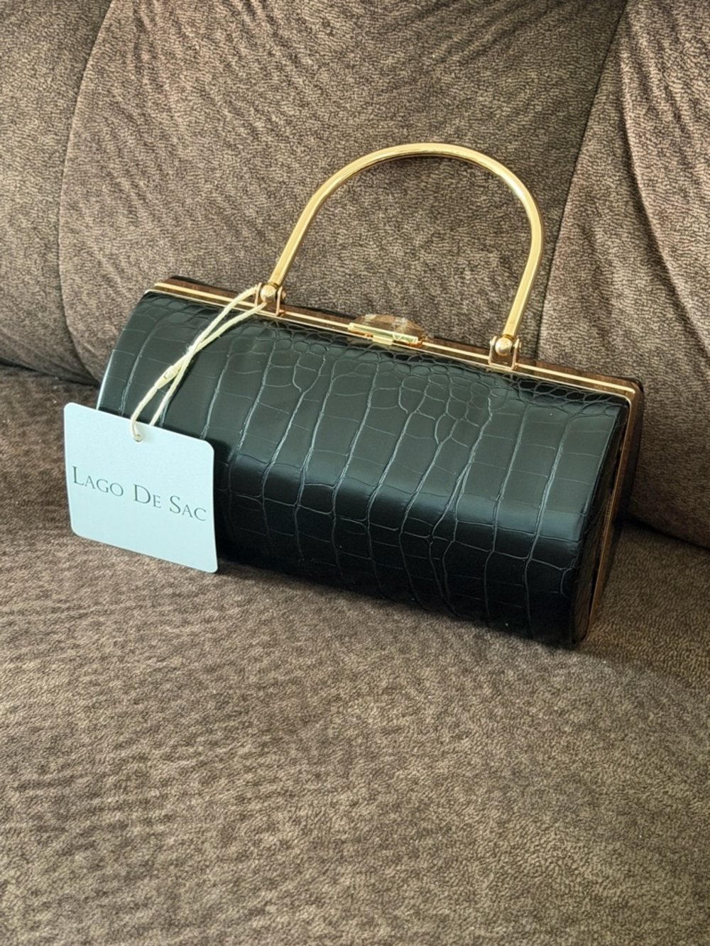 Black Croc-Embossed Wristlet Clutch with Gold Hardware with crossbody gold chain